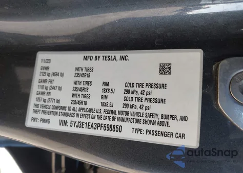 2023 Tesla Model 3 Rear-Wheel Drive from USA, damaged, VIN 5YJ3E1EA3PF698850